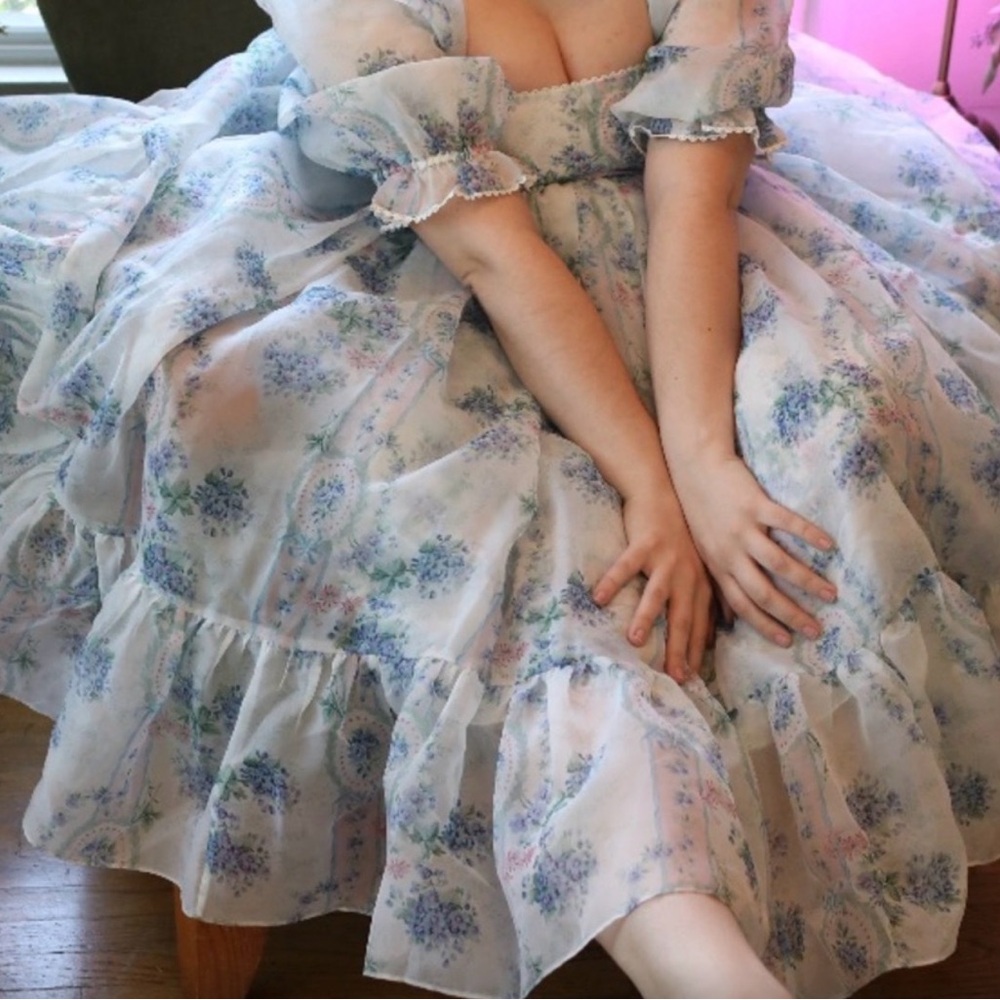 Selkie La Belle Etoile French Puff Sleeve Mini Dress in Soft Blue White Sheer - Picture 2 of 16